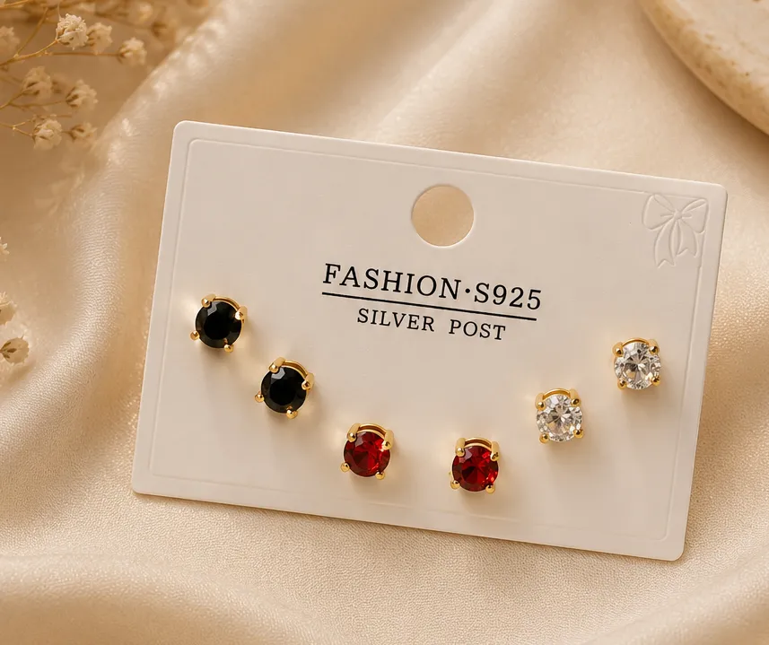 Zirconia Stud Earring Set- Red, Black & White (3 Pairs)